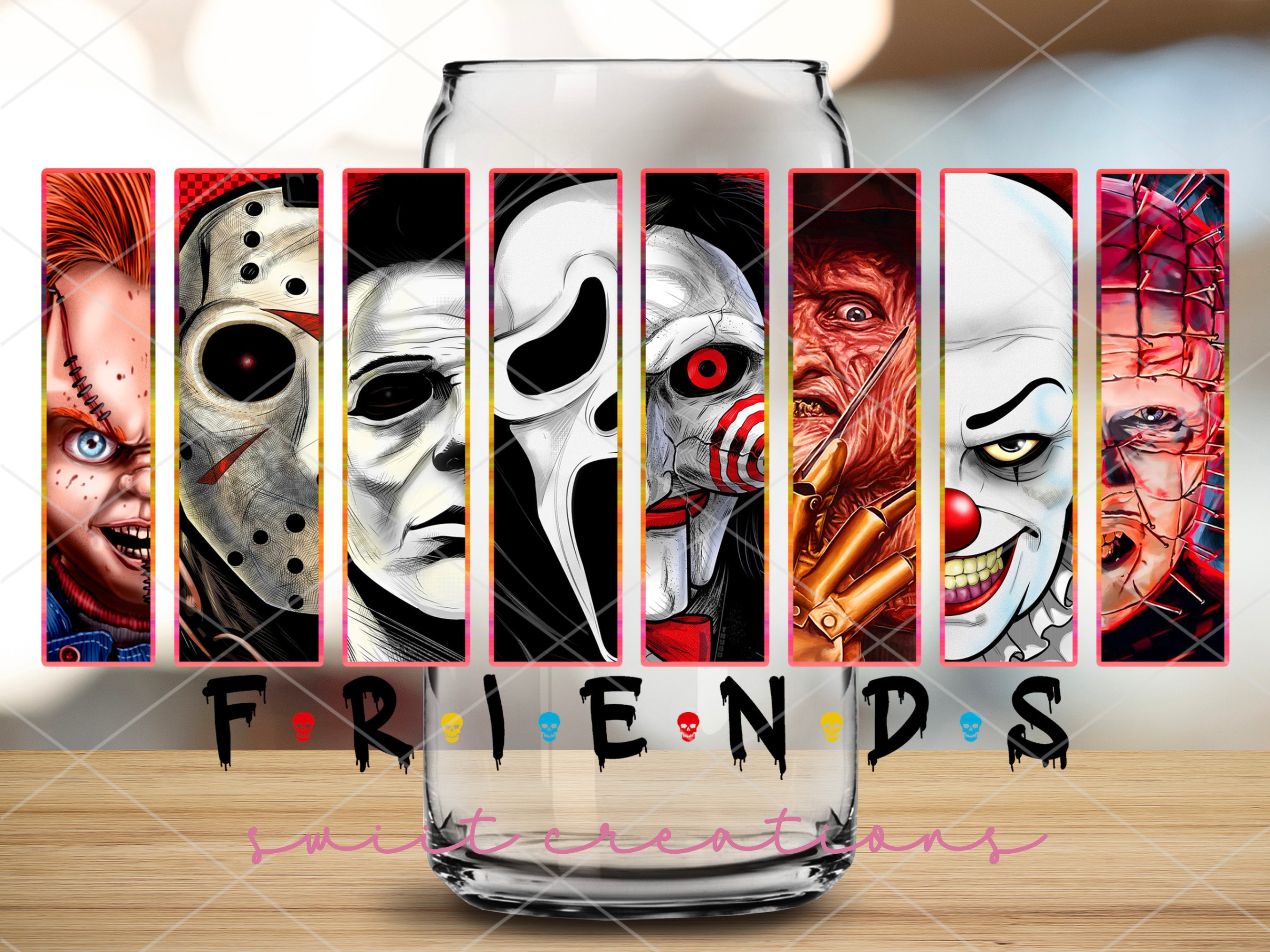 a picture of a group of halloween characters in a glass