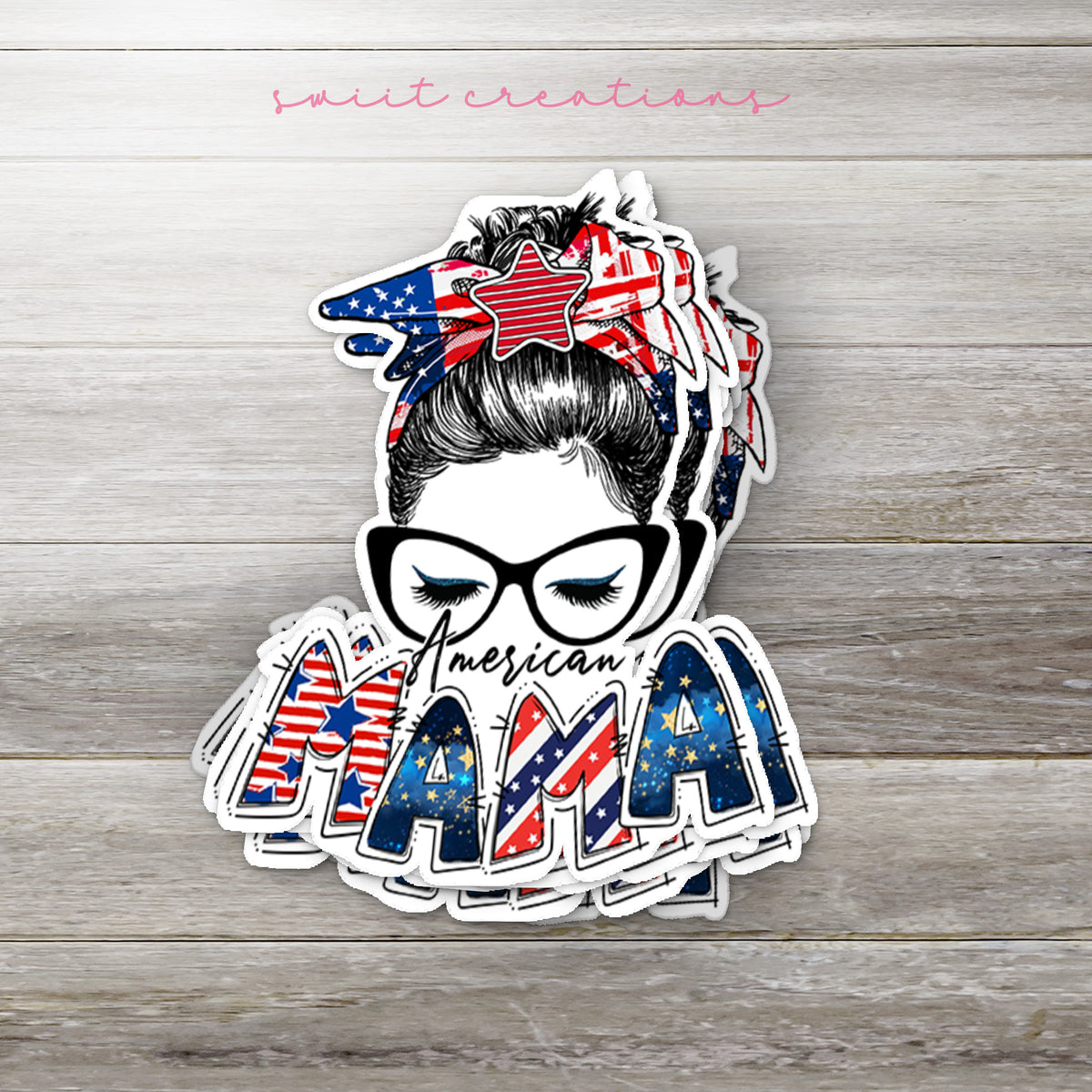 a sticker of a woman with glasses and american flags on her head