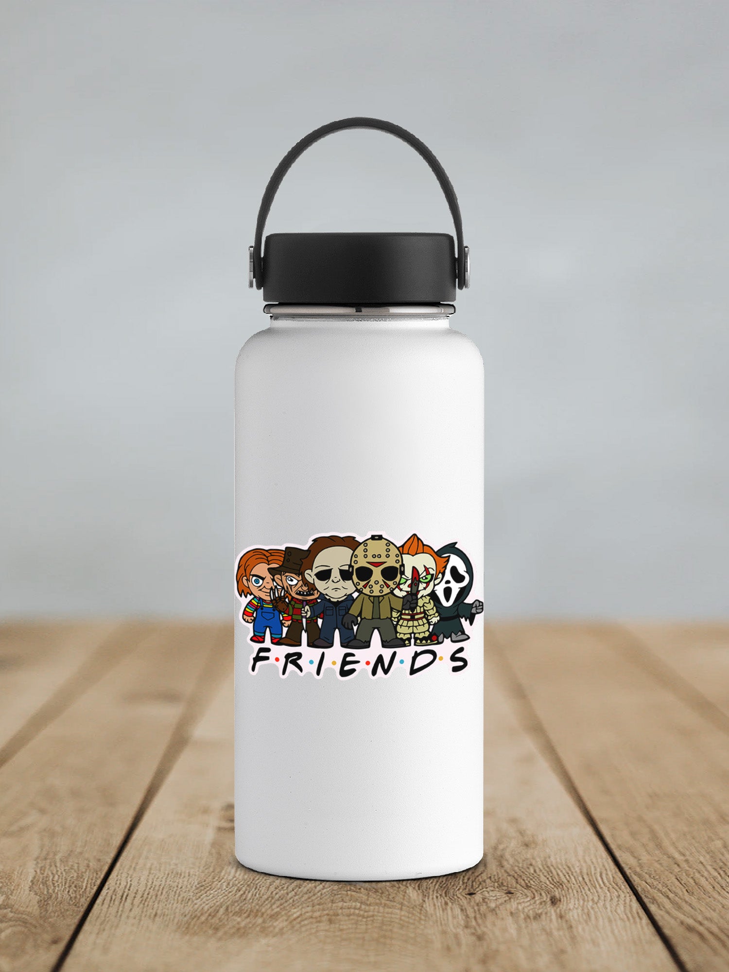 a white water bottle sitting on top of a wooden table