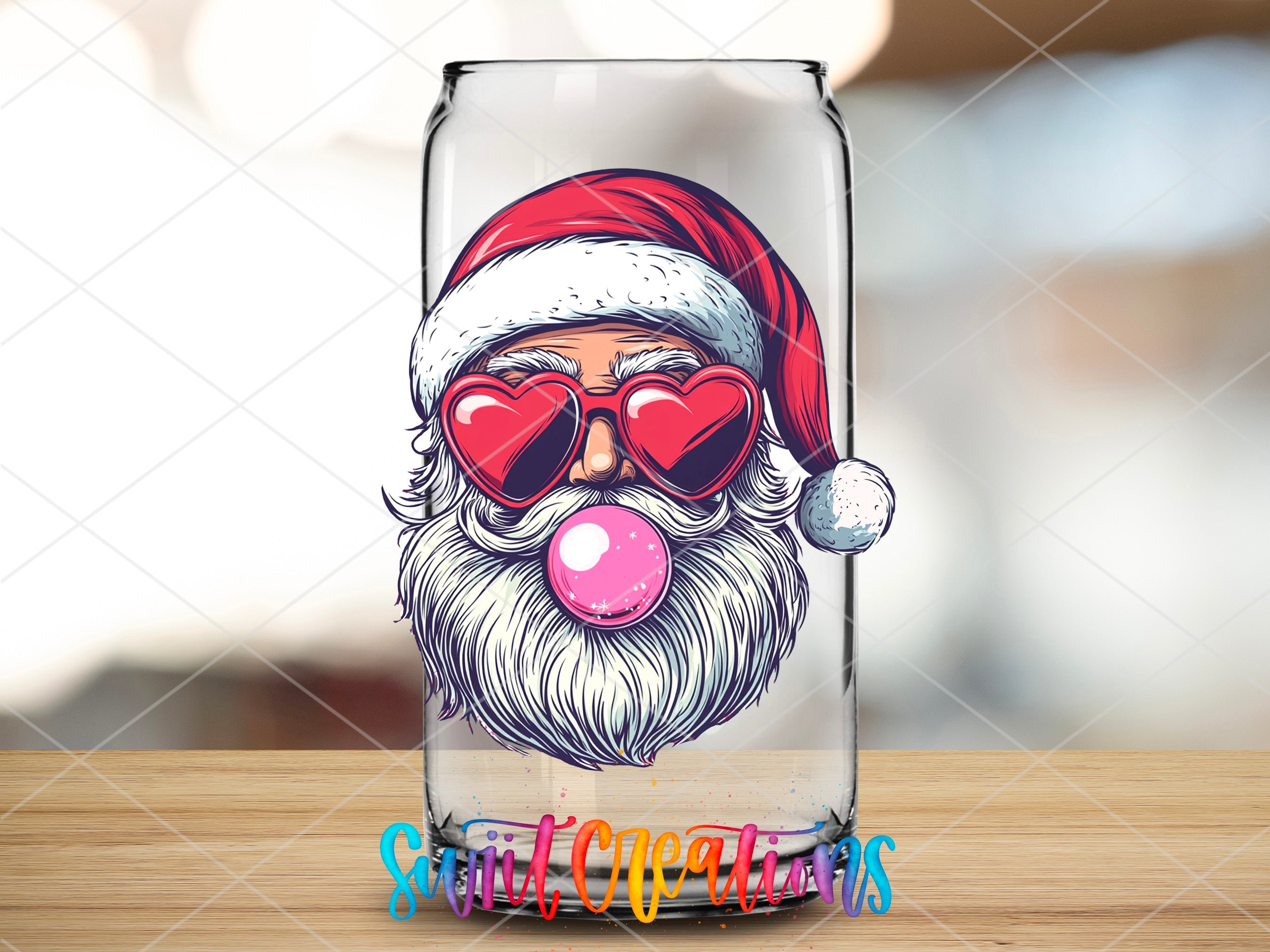 a glass with a picture of santa claus wearing sunglasses and a santa hat