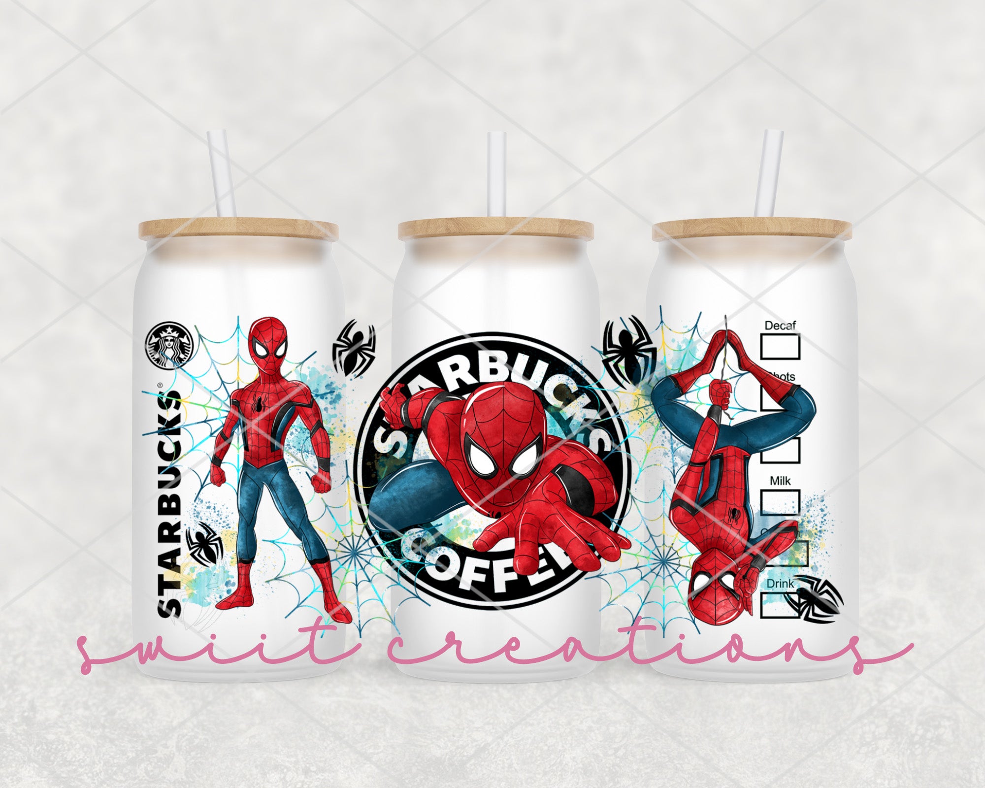a couple of drinks with spiderman on them
