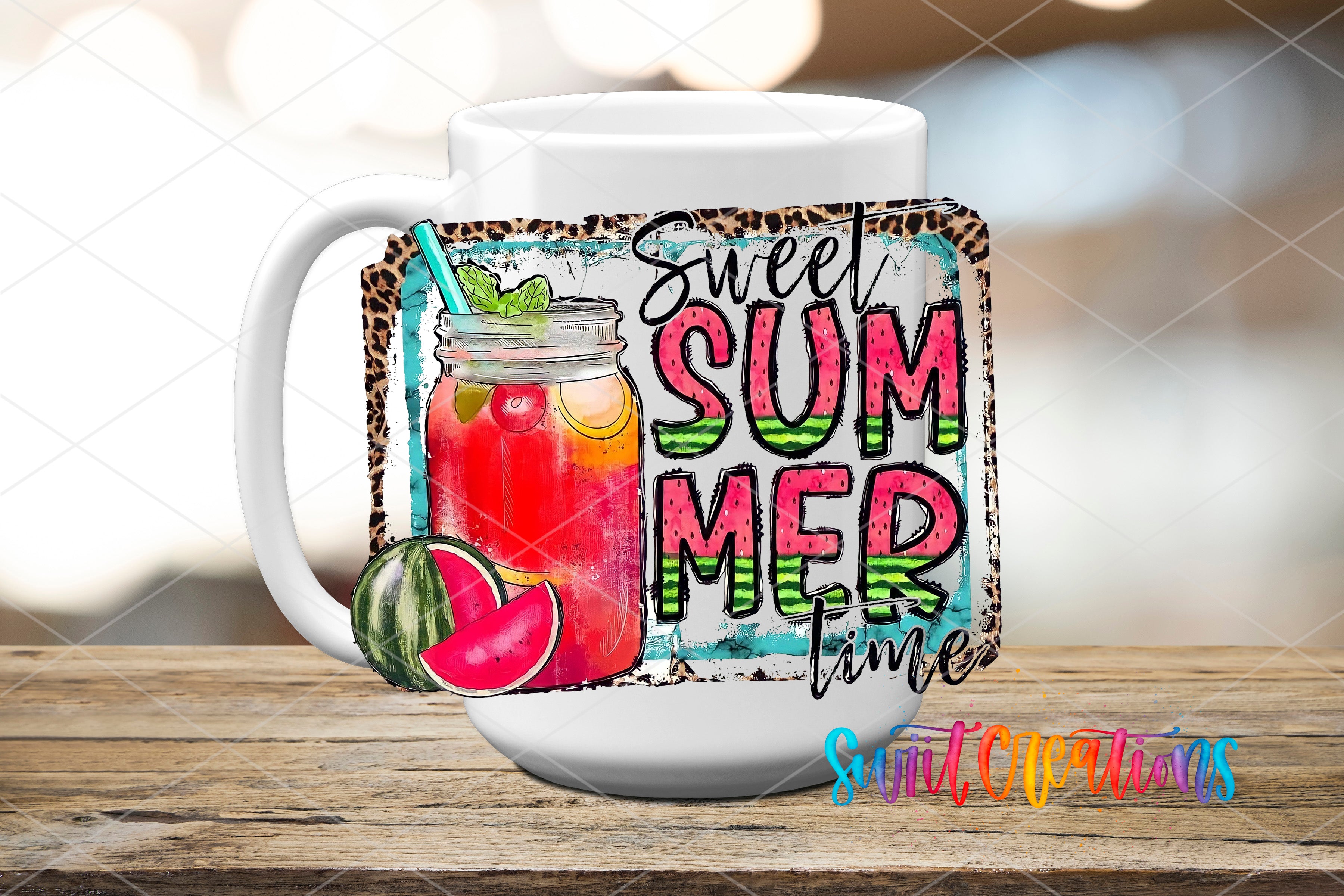 A white mug with a colorful design featuring a mason jar, a slice of watermelon, and the text "Sweet Summer Time" in a playful, summery style.