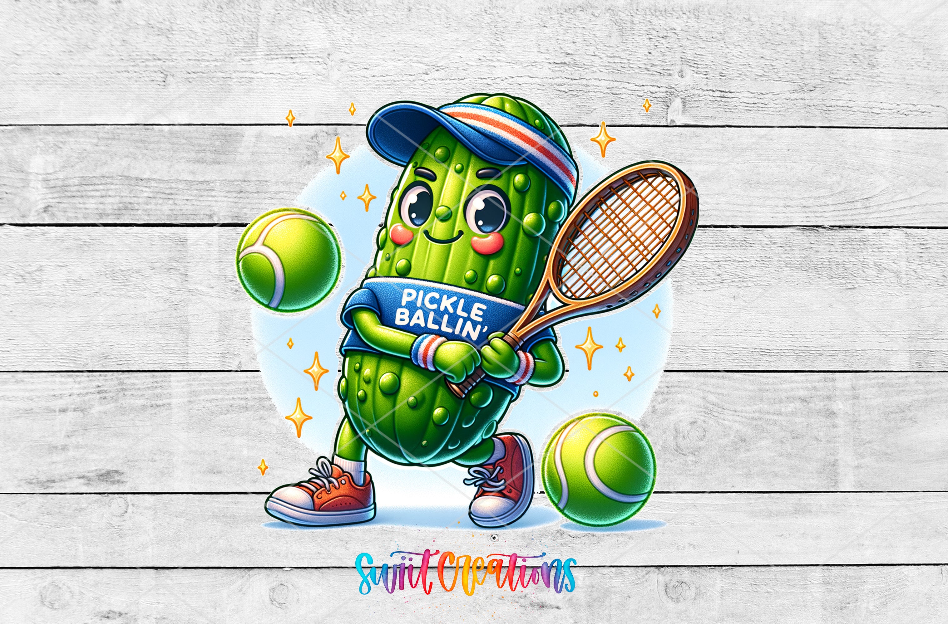 A cartoon pickle wearing a tennis racket and holding a tennis ball, surrounded by tennis balls and a tennis racket, with a wooden background.