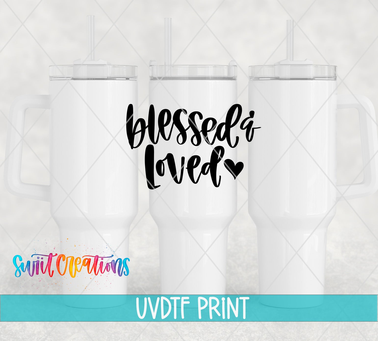 three coffee mugs with the words blessed and loved on them