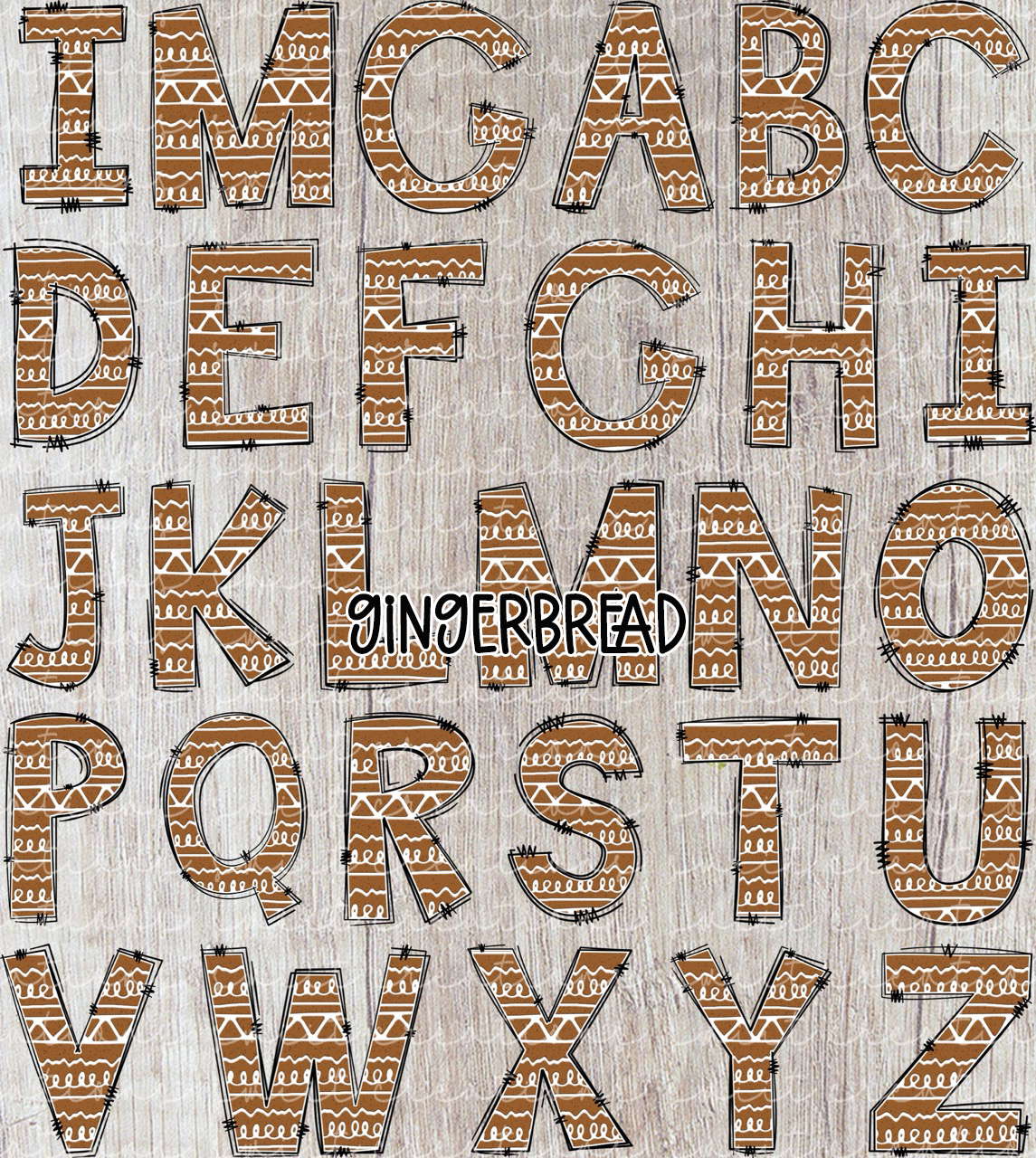 the letters of the alphabet, each one made to look like a gingerbread cookie. The letters are arranged in a grid-like pattern, creating a visually appealing and creative design.