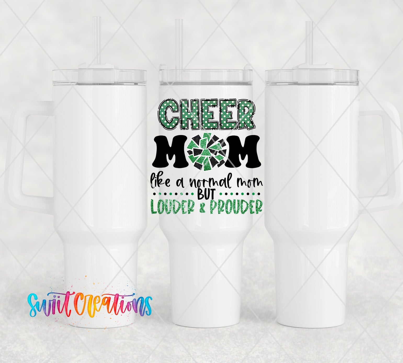 two white coffee mugs with the words cheer mom on them