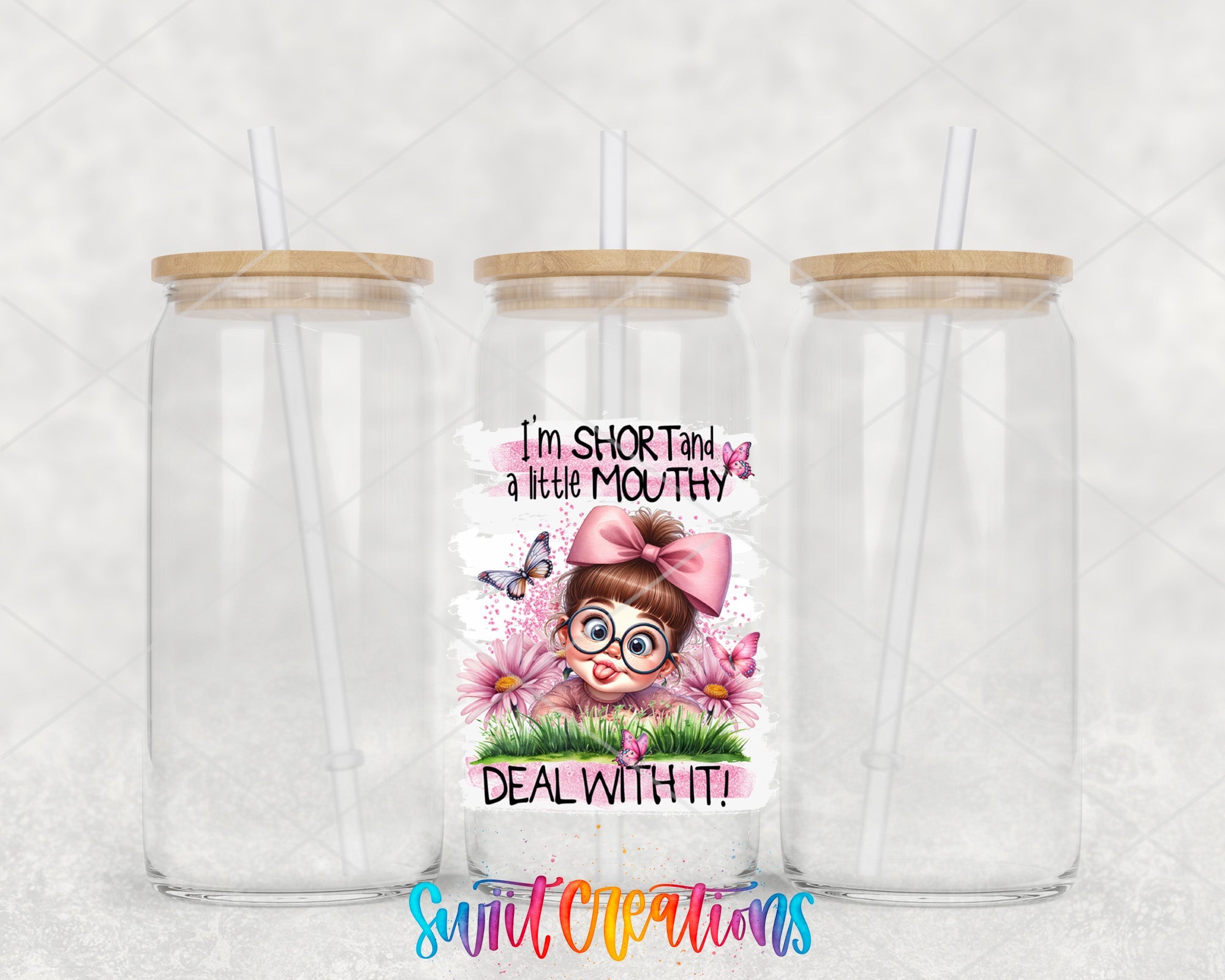 two clear tumblers with a picture of a girl with a pink bow and a