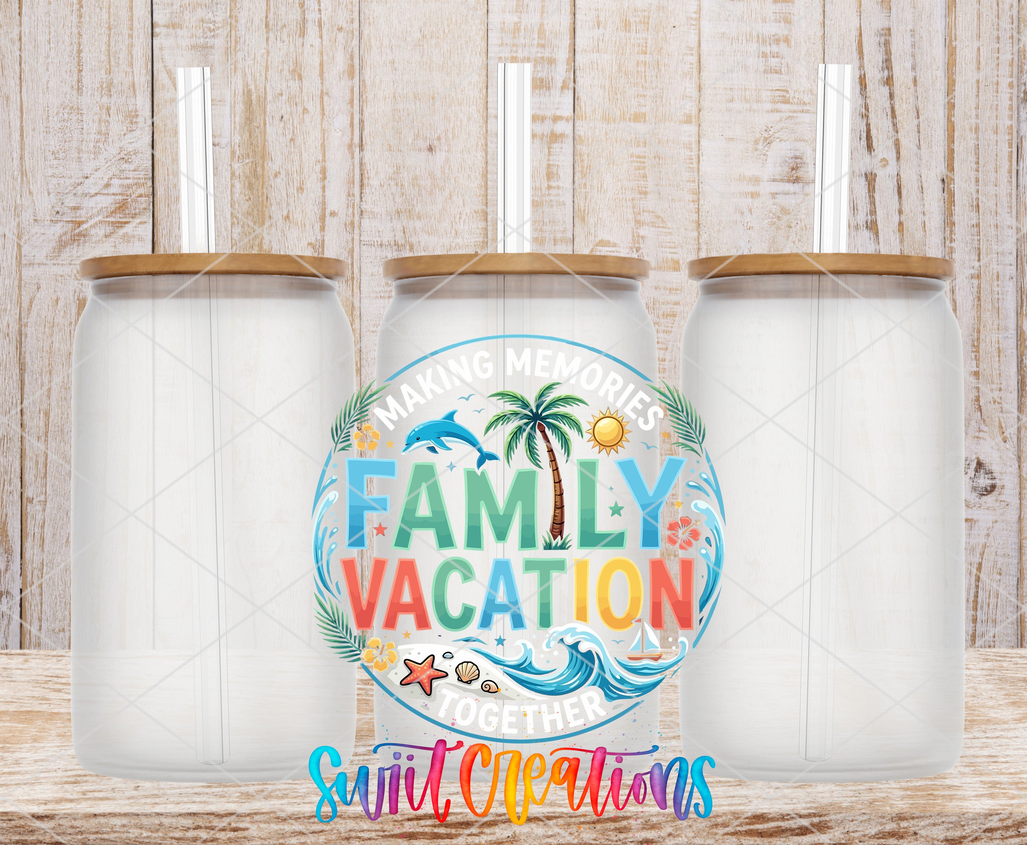 three clear glass jars with lids, arranged in a row against a wooden background. The jars have straws sticking out of the lids. In the center of the image, there is a colorful design that says "Making memories together" and "Family vacation", surrounded by various tropical elements such as palm trees, a beach, and a starfish.