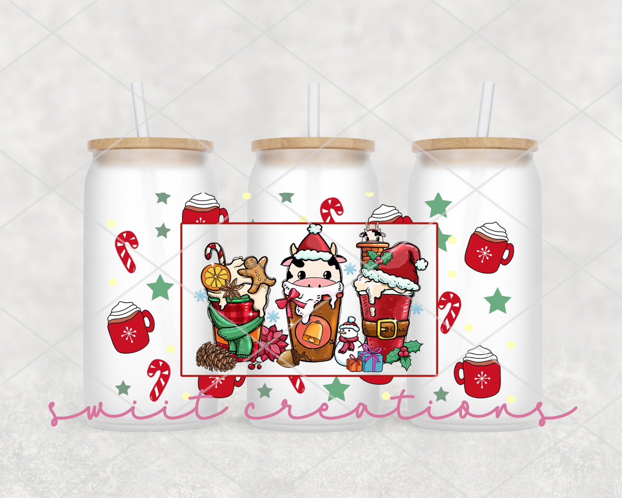 a couple of christmas beverages sitting on top of a table