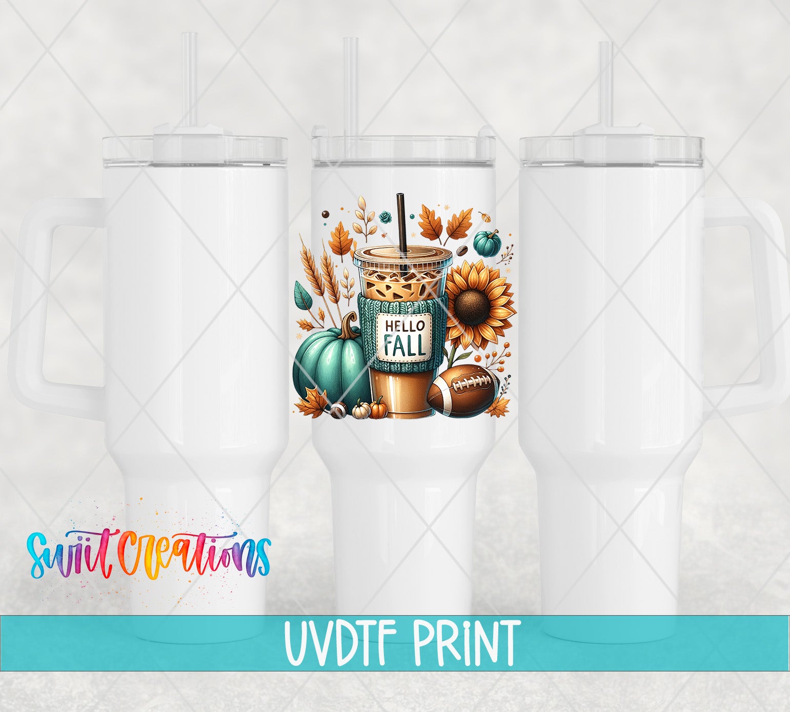 a white tumbler with a printed design of a coffee cup, sunflowers, pumpkins, and a football.
