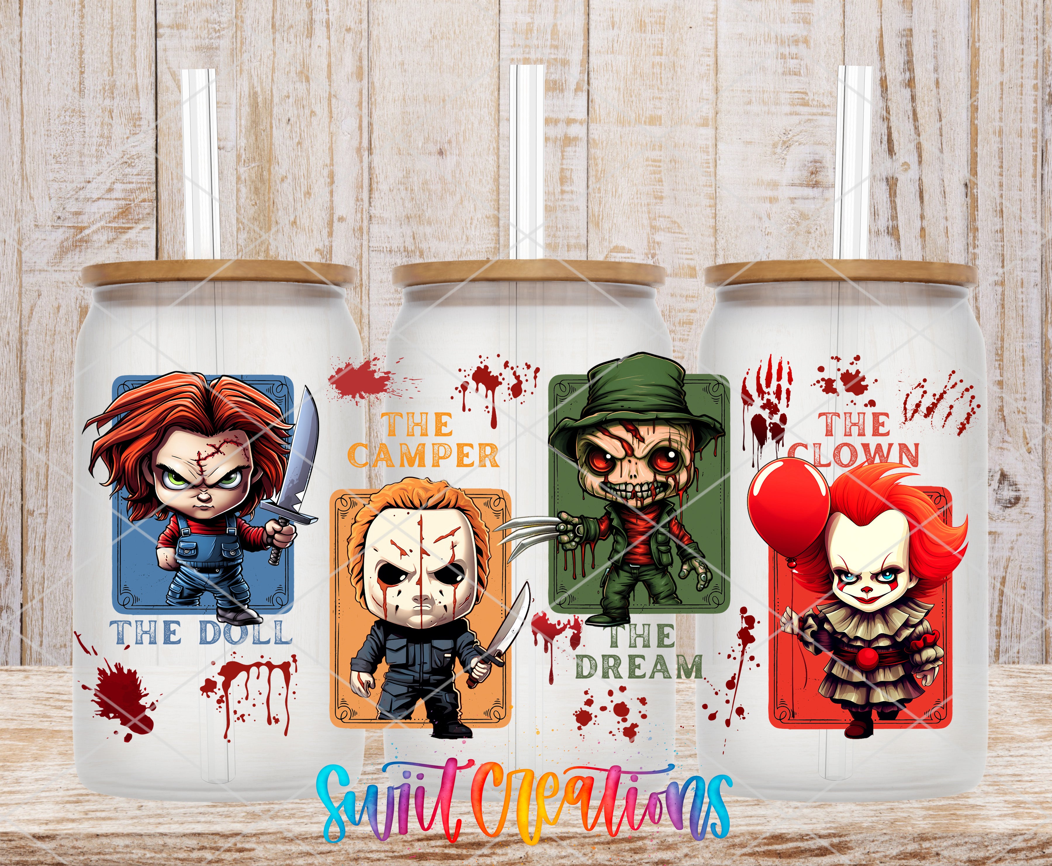a couple of cups that have some cartoon characters on them