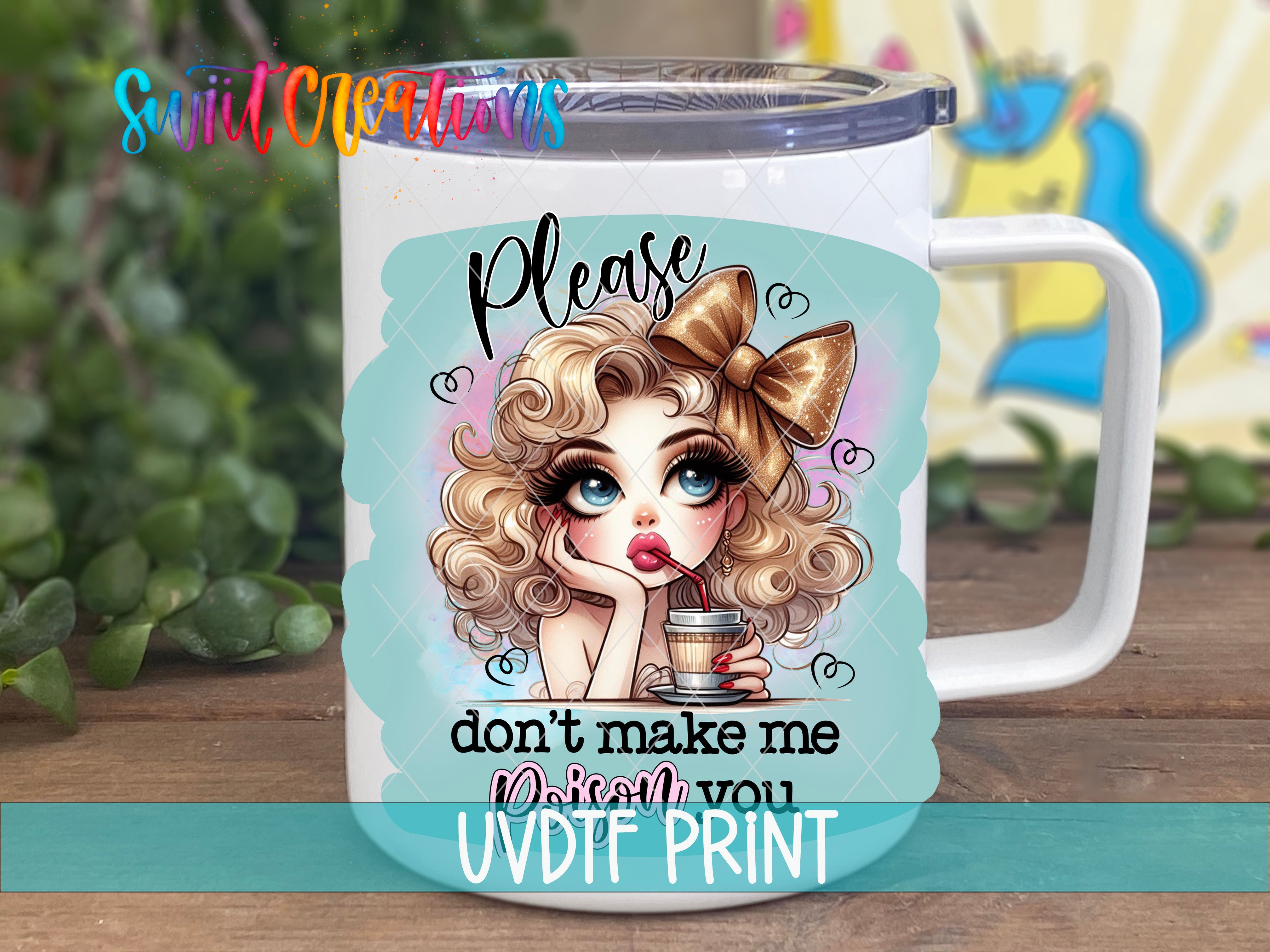 a white coffee mug with a blonde haired girl on it