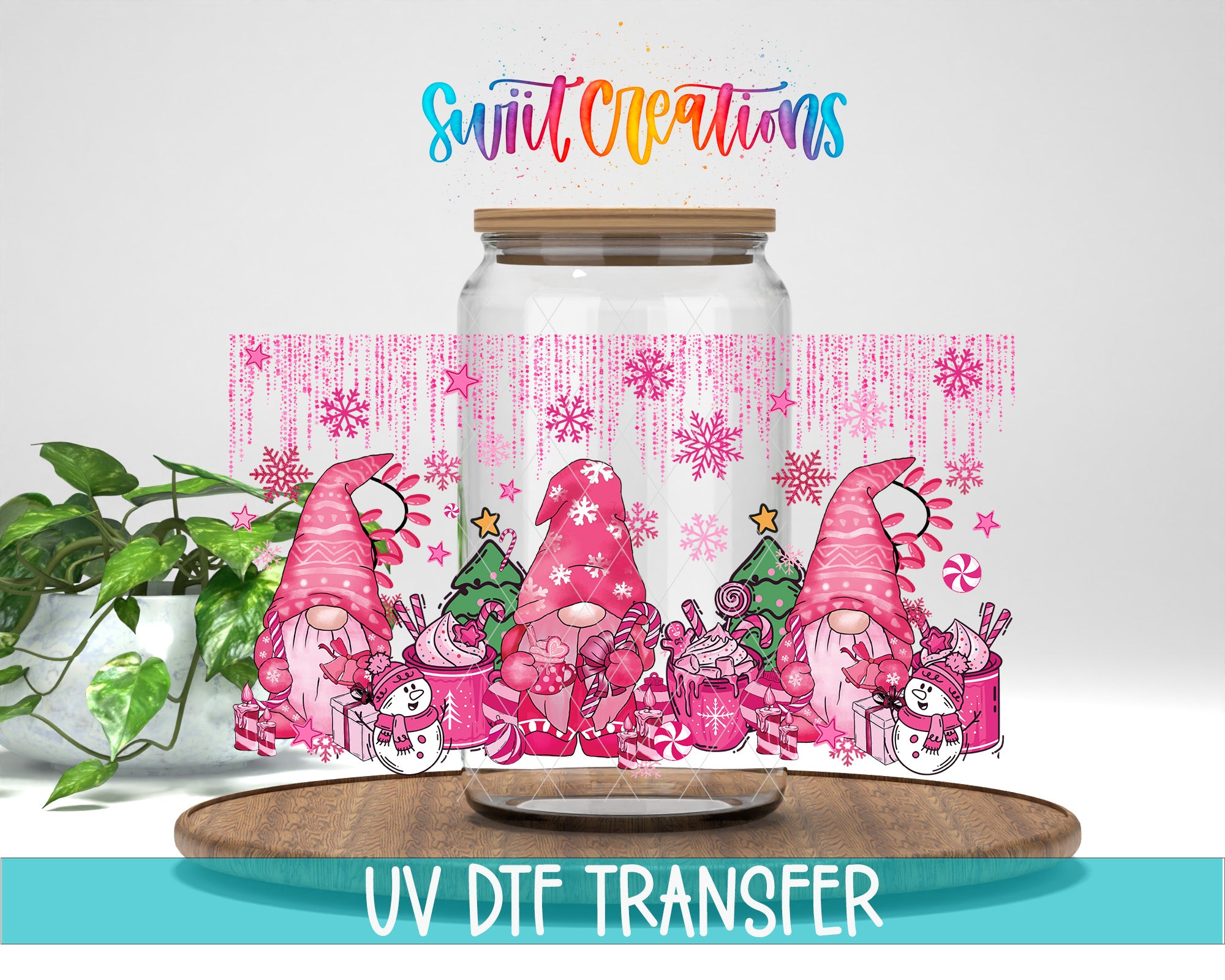 A glass jar with a snowman and other Christmas-themed gnomes printed on it, along with a snowflake design. The jar is placed on a wooden surface, and there is a plant in the background. The text "Swift Creations" is written above the jar, and "UV DFT Transfer" is written below it.