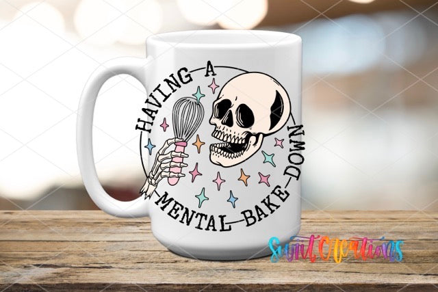 a white coffee mug with a skull holding a whisk
