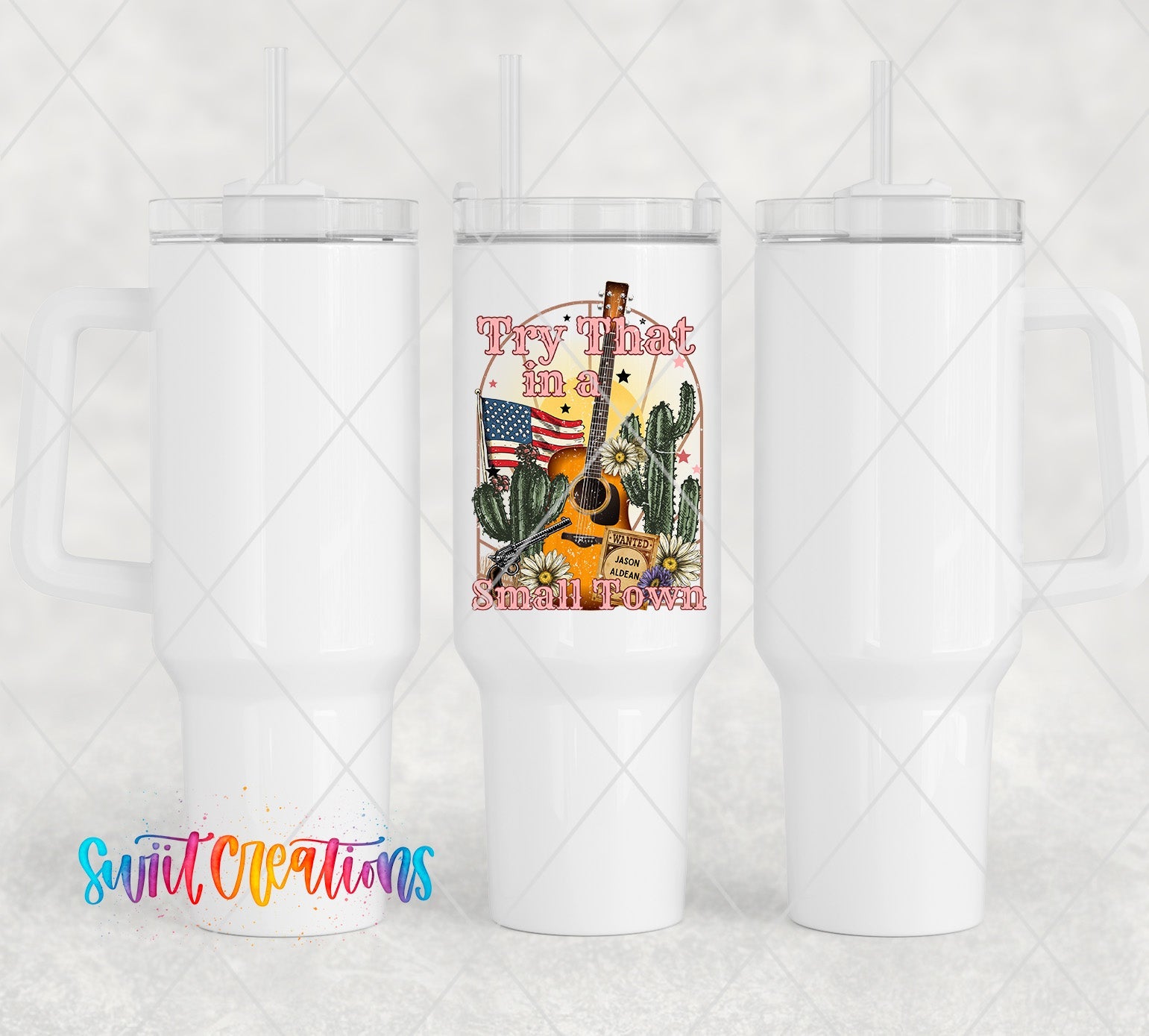 a white tumbler cup with a picture of a guitar on it