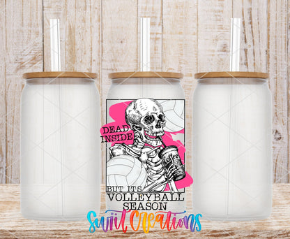Dead Inside But It's Volleyball Season UV DTF transfer on frosted glass cans with bamboo lids