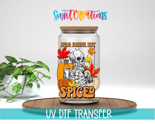 Dead Inside But Spiced Pumpkin Skeleton UV DTF transfer displayed on a clear jar mockup from Swiit Creations