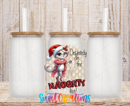 Definitely on the Naughty List UV DTF transfer on frosted glass cans with bamboo lids