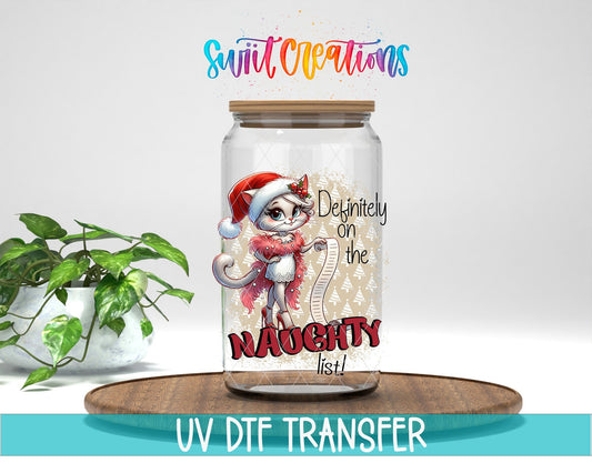 Swiit Creations UV DTF Naughty List Christmas Cat transfer displayed on a clear jar mockup
