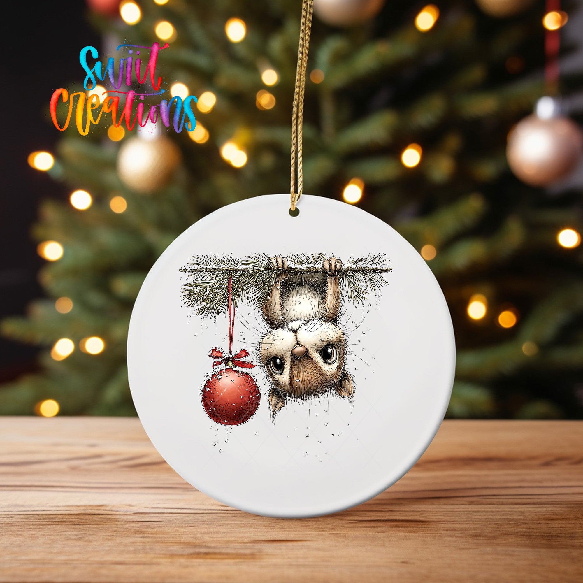 A white ceramic ornament featuring a cartoon illustration of a cat hanging from a branch with a red ornament, against a blurred background of a Christmas tree with twinkling lights.