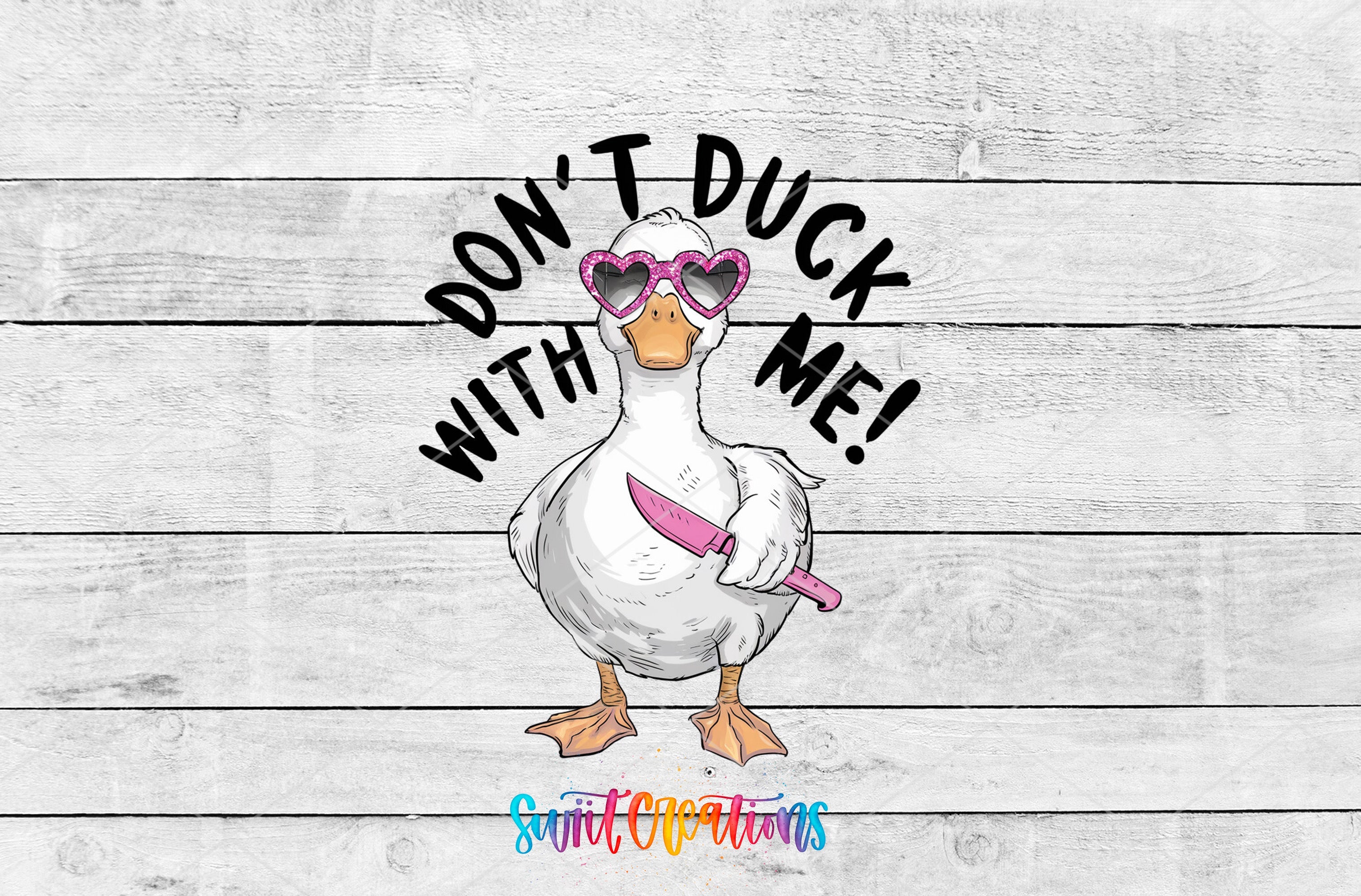 a white duck with sunglasses and a pink pen