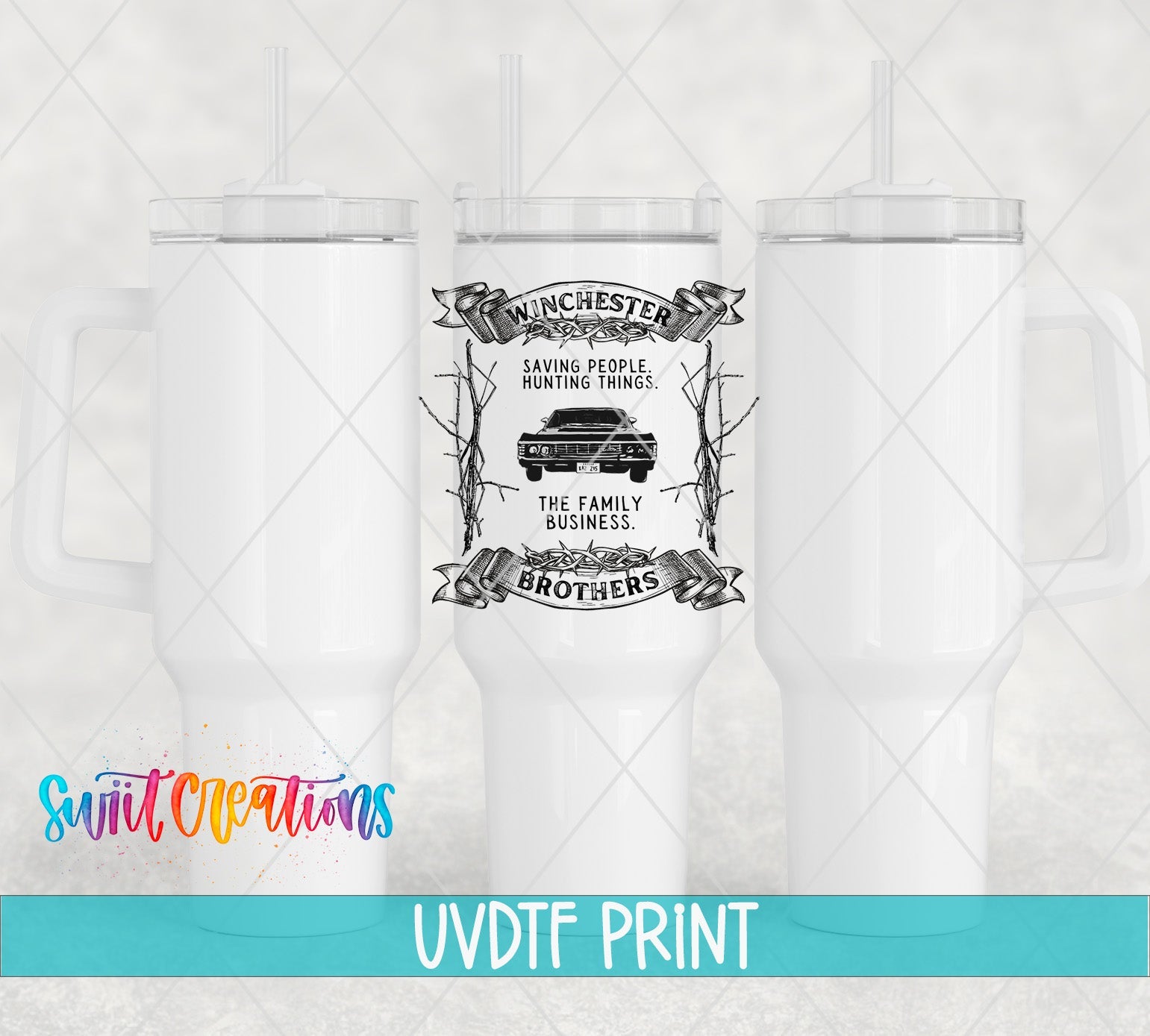 three white tumblers with a picture of a camper on them