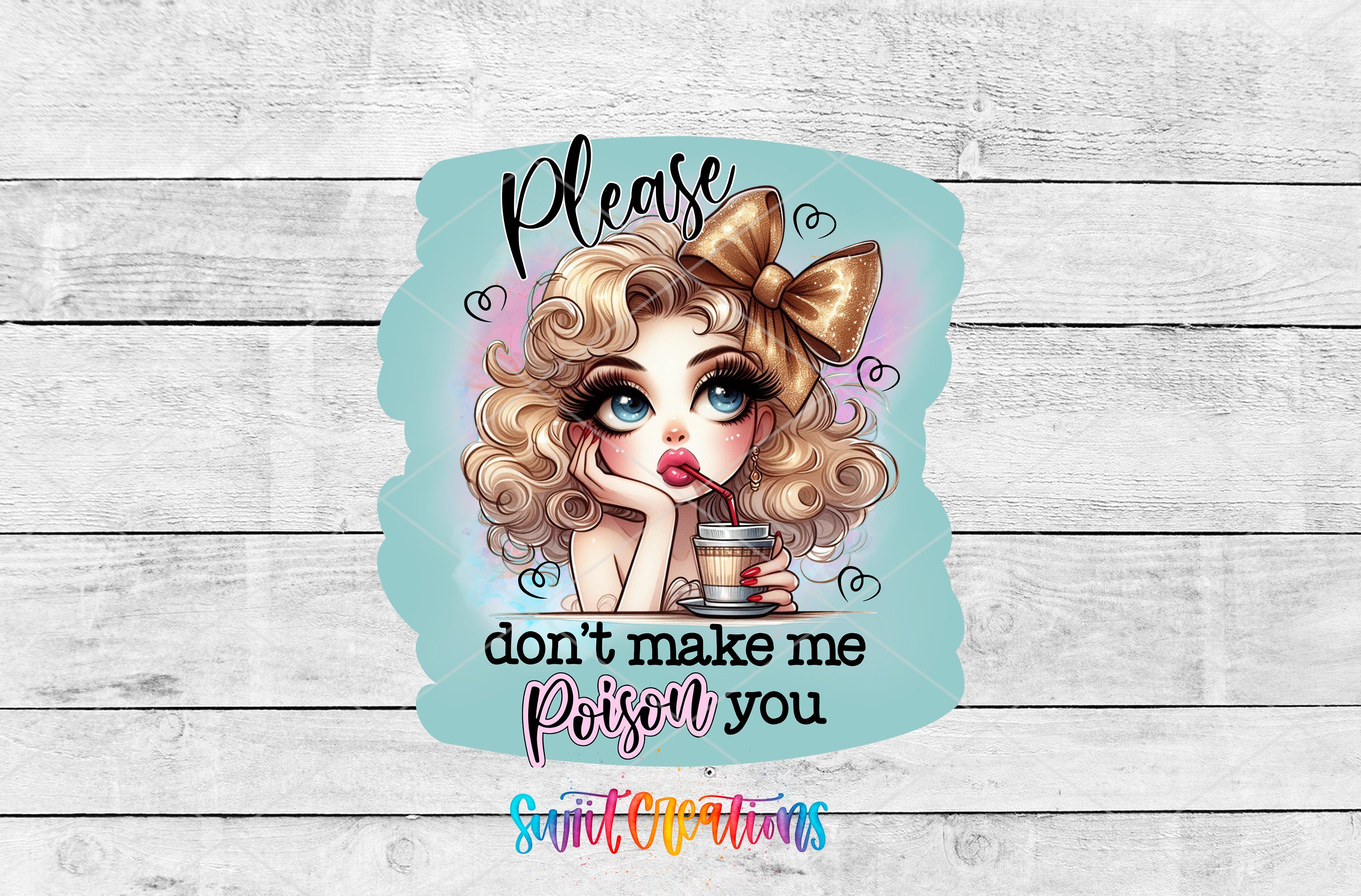 a girl with blonde hair and a bow on her head with the words please don