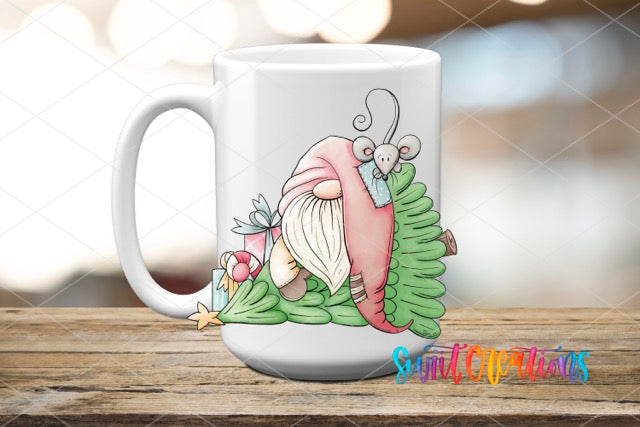 a white coffee mug with a picture of a gnome on it