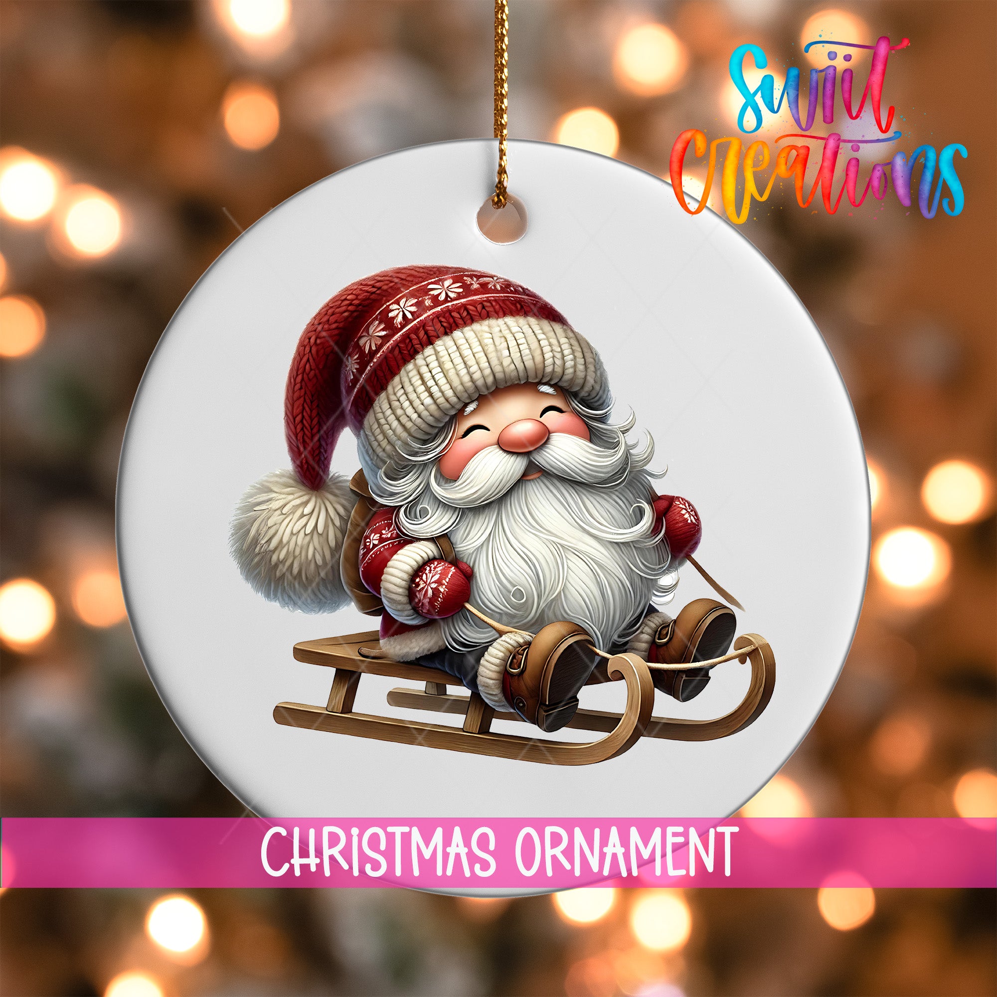 A white Christmas ornament featuring a smiling Santa Claus riding a sled.