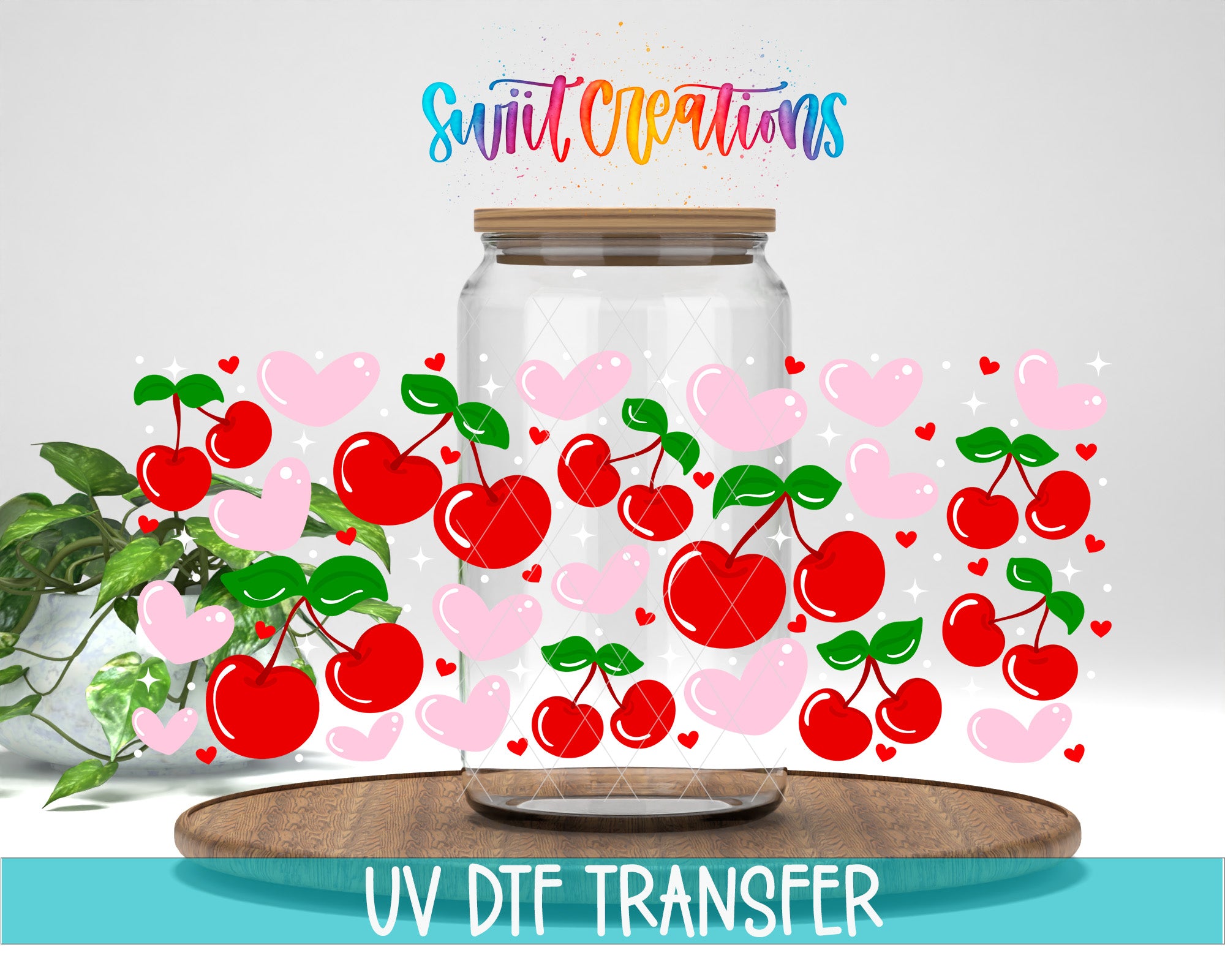 a glass jar filled with cherries and hearts, surrounded by a colorful and whimsical design.