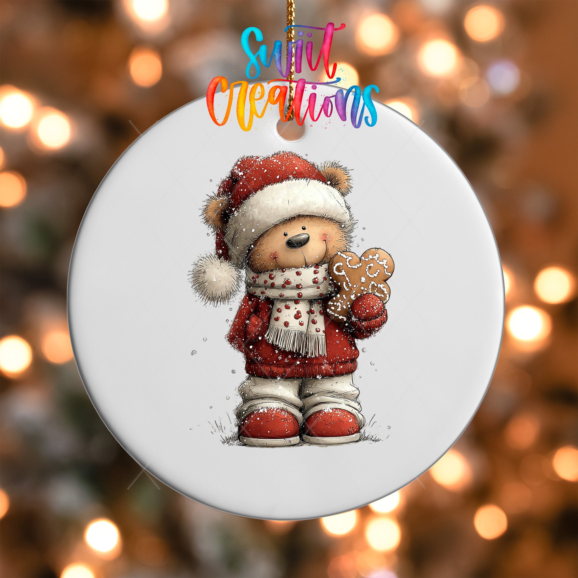 A white ornament featuring a cartoon image of a teddy bear wearing a Santa hat and holding a gingerbread man.