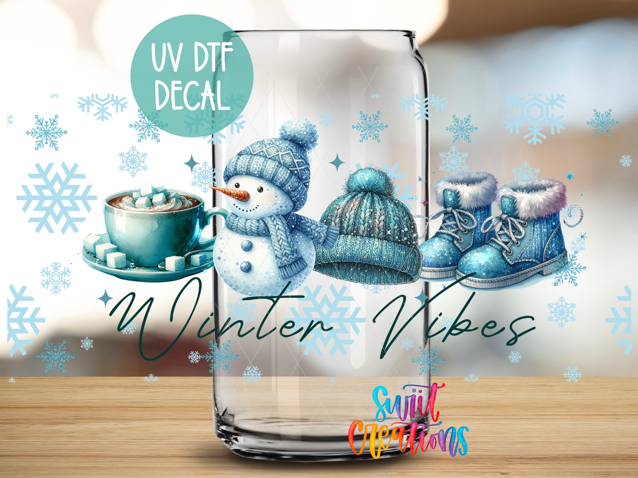 A glass jar with a snowman and winter accessories, along with the text "Winter Vibes" and "UV Dtf Decal" printed on it.