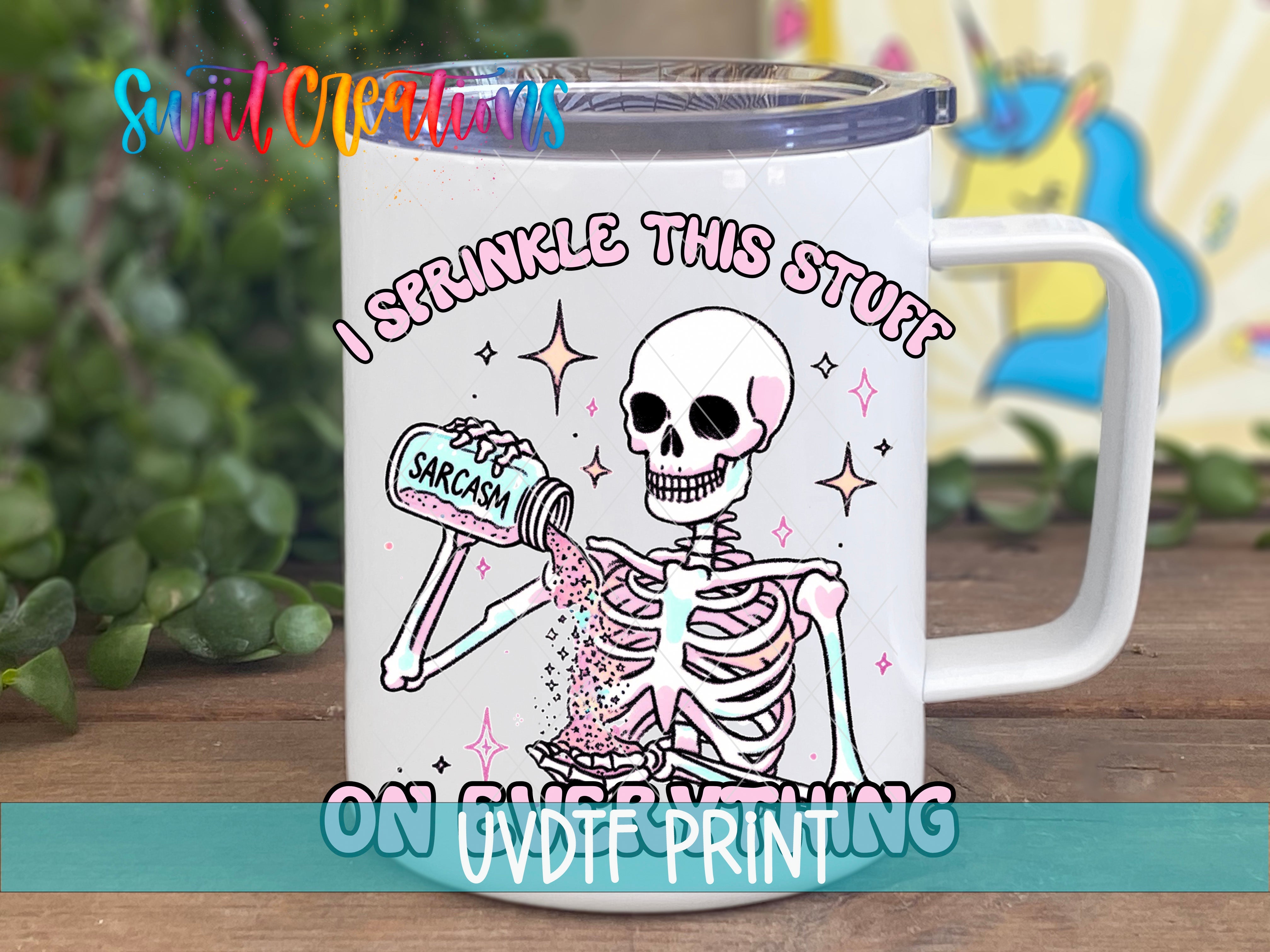 a white coffee mug with a skeleton holding a bottle