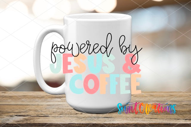 a coffee mug with the words powered by jesus and coffee on it