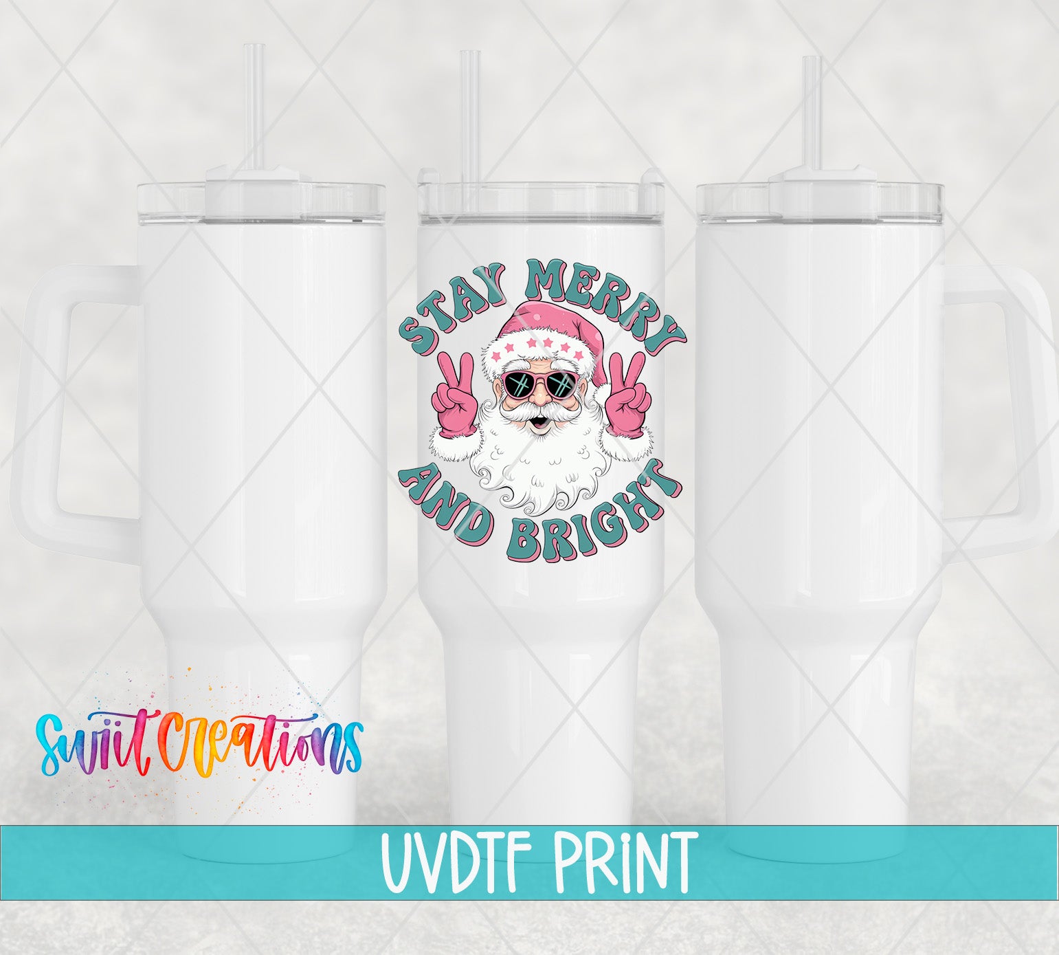 a white tumbler with a santa clause on it
