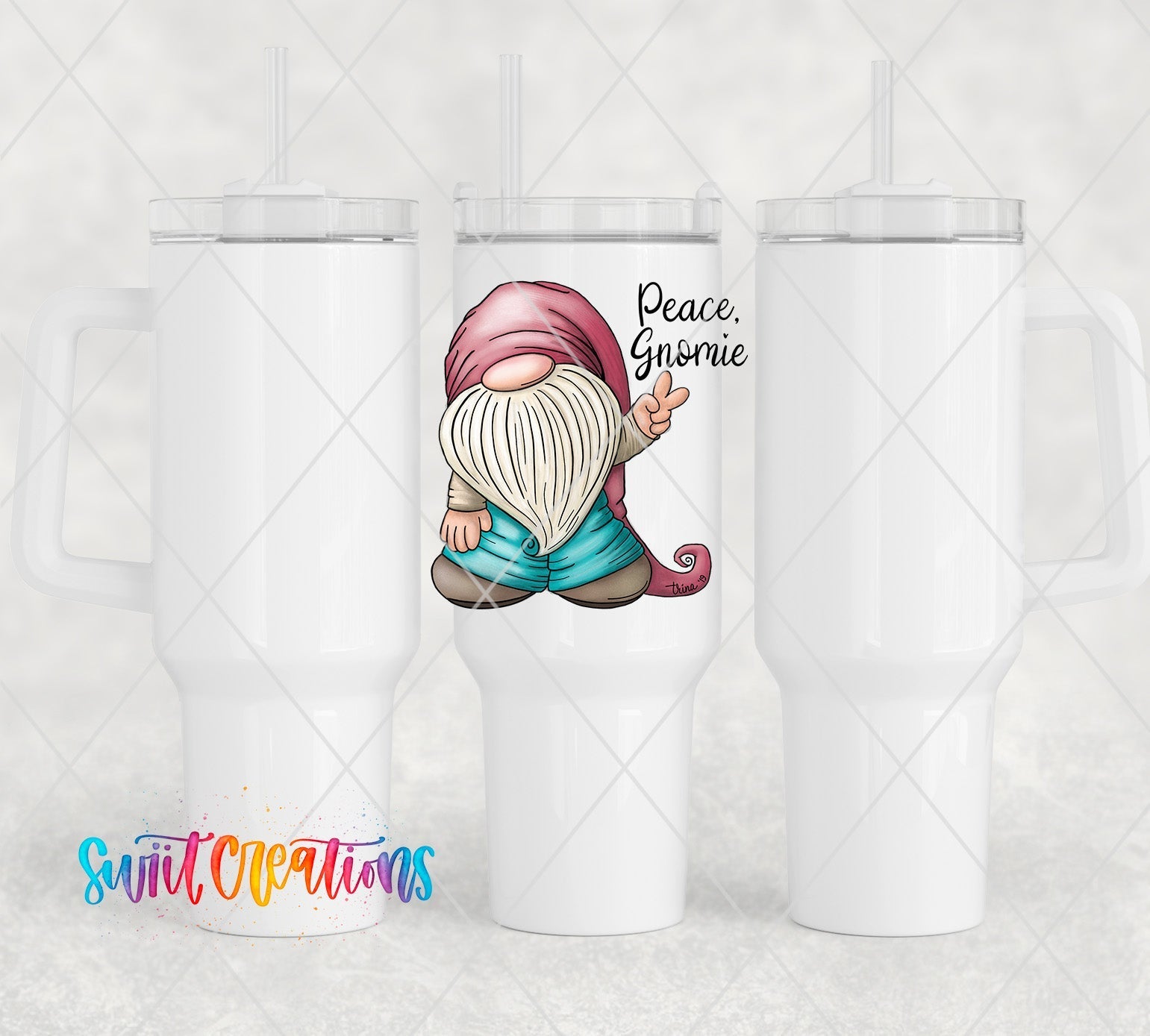 a white cup with a gnome on it
