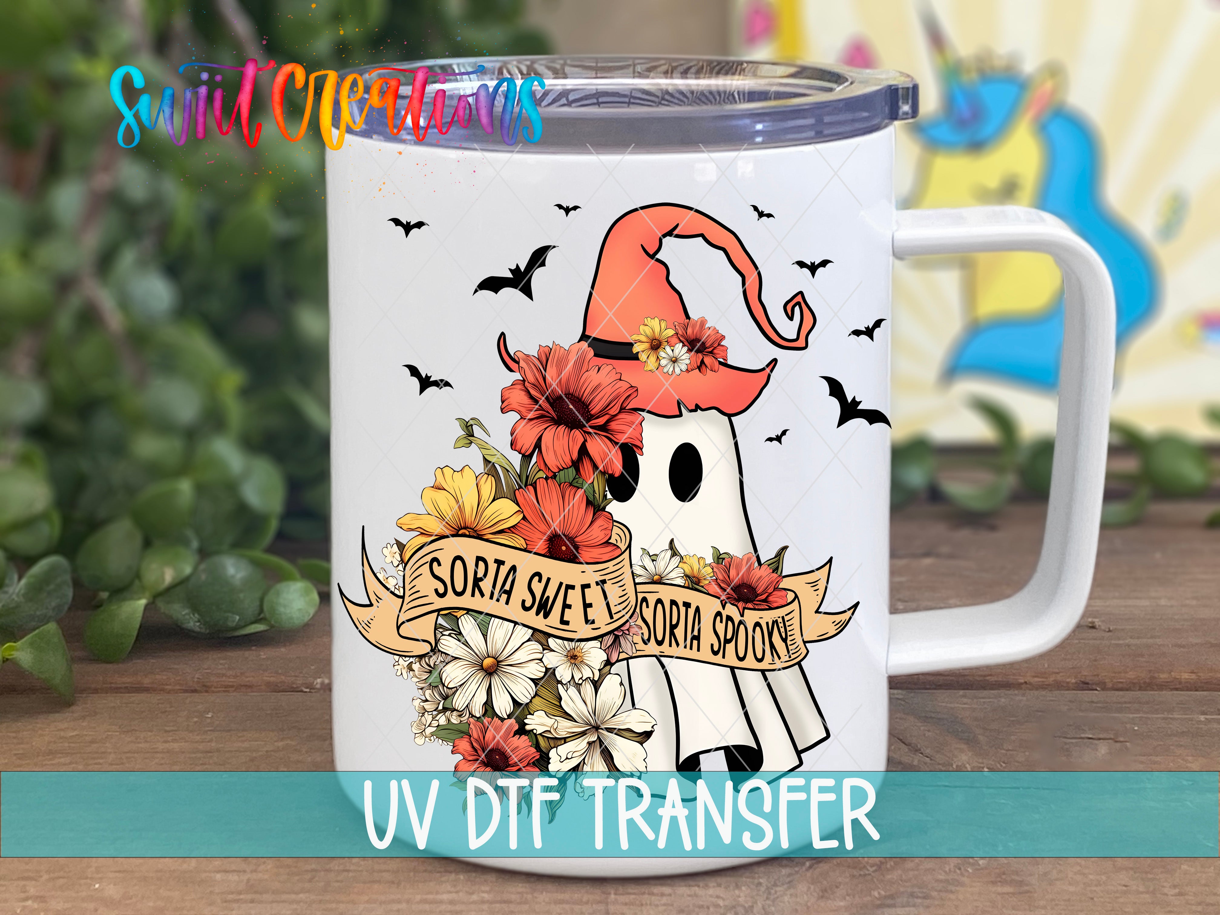 A mug with a Halloween-themed design featuring a ghost, flowers, and a banner that says "SORIA SWEET SORIA SPOOK".