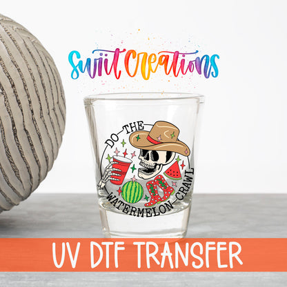 Do The Watermelon Crawl UV DTF transfer on a clear shot glass with the Swiit Creations logo and UV DTF Transfer banner