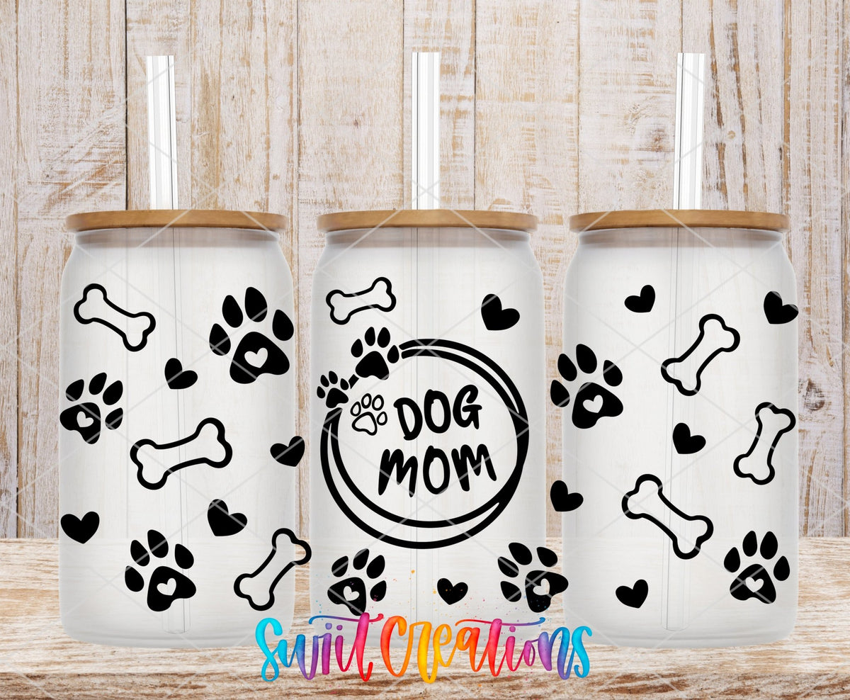 Dog Mom UV DTF full wrap on three clear glass cans with bamboo lids