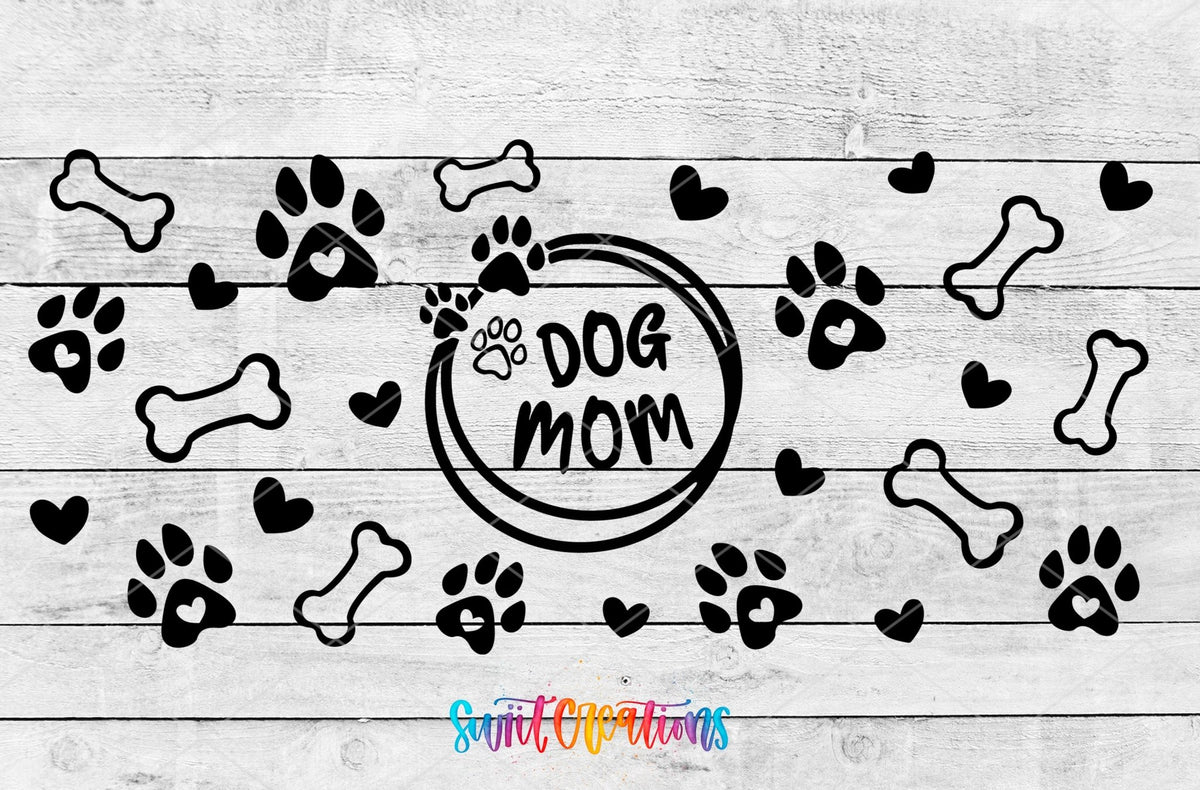 Dog Mom UV DTF full wrap artwork on a white wood background