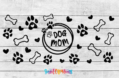 Dog Mom UV DTF full wrap artwork on a white wood background