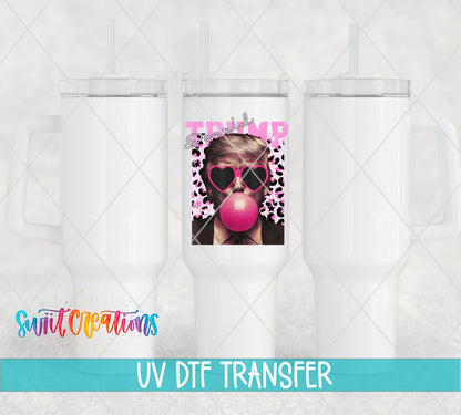 Trump Bubble Gum leopard portrait UV DTF transfer on white 40 oz tumblers