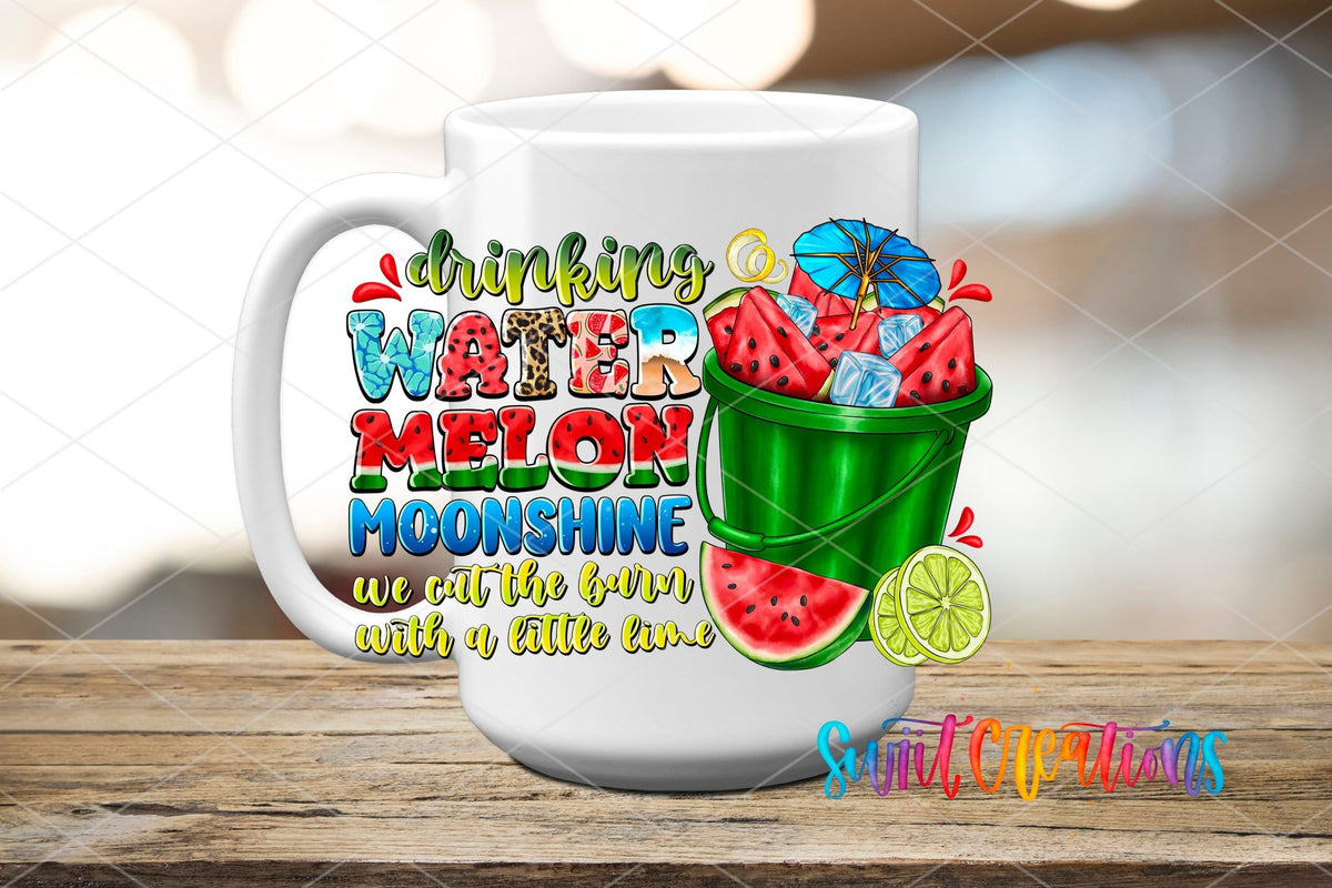 Drinking Watermelon Moonshine UV DTF transfer on a white ceramic coffee mug