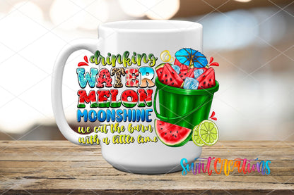Drinking Watermelon Moonshine UV DTF transfer on a white ceramic coffee mug