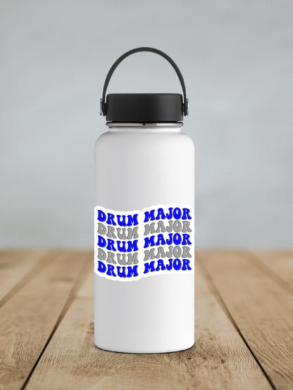 Blue and Silver Drum Major sticker on a white insulated water bottle