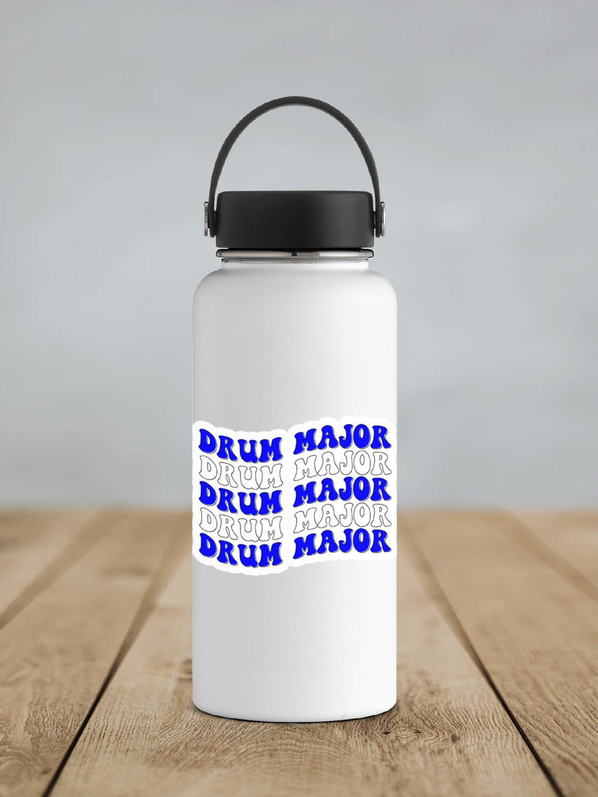 Blue and White Drum Major sticker on a white insulated water bottle