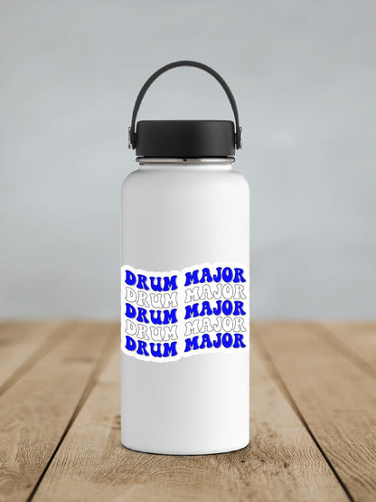 Blue and White Drum Major sticker on a white insulated water bottle