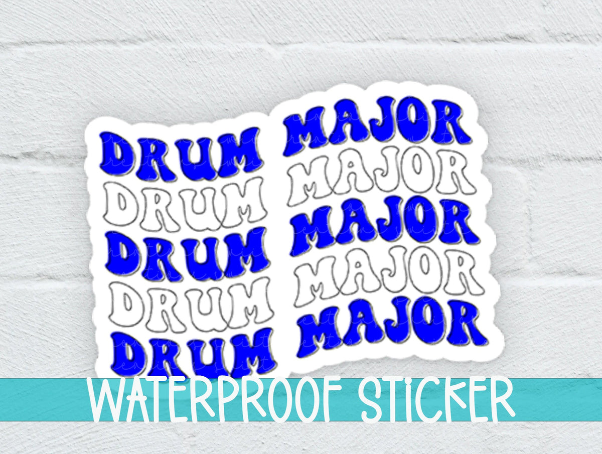 Blue and White Drum Major sticker on a white brick background with a waterproof sticker banner