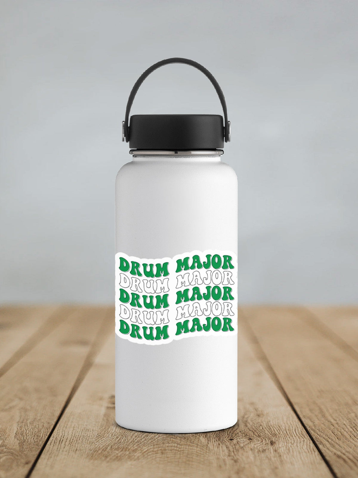 Green and White Drum Major sticker on a white insulated water bottle