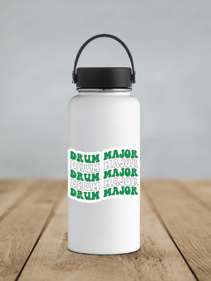 Green and White Drum Major sticker on a white insulated water bottle